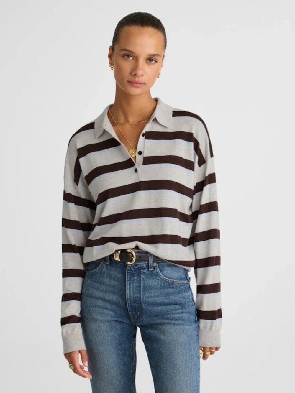 Madewell Striped Polo Sweater in 100% Merino Wool Small